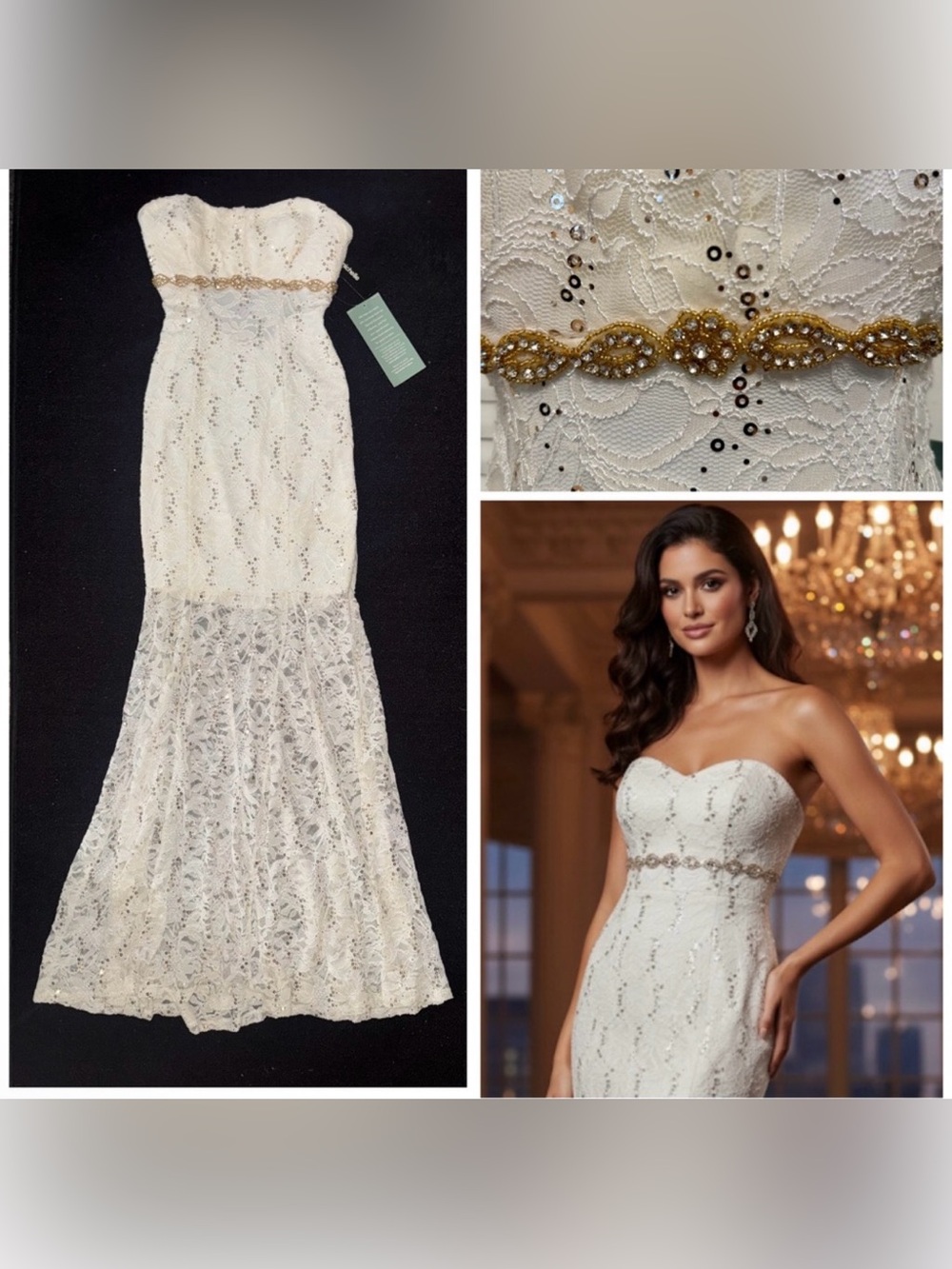 NWT- My Michelle Strapless Formal Lace Long Ivory Dress